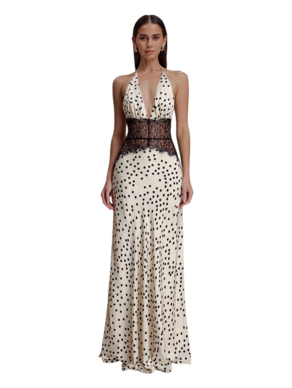 Meshki Womens Dinah Polka Dot Lace And Satin Halter Tie Maxi Slip Dress Size XXS